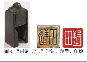        
圖4、“田逆（？）”印鈕、印面、印蛻
