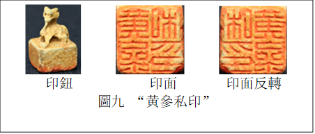         　　  
印鈕　　　　 　印面　　 　印面反轉(zhuǎn)
圖九 “黃參私印”
